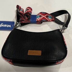 NWT Wrangler Faux Leather Black Bag Geometric Burgundy And Teal Boho Pattern